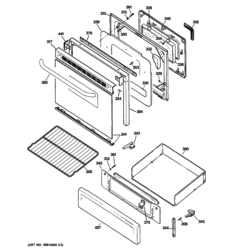 DOOR & DRAWER PARTS Diagram and Parts List for JGBP25SER1SS  General Electric Range