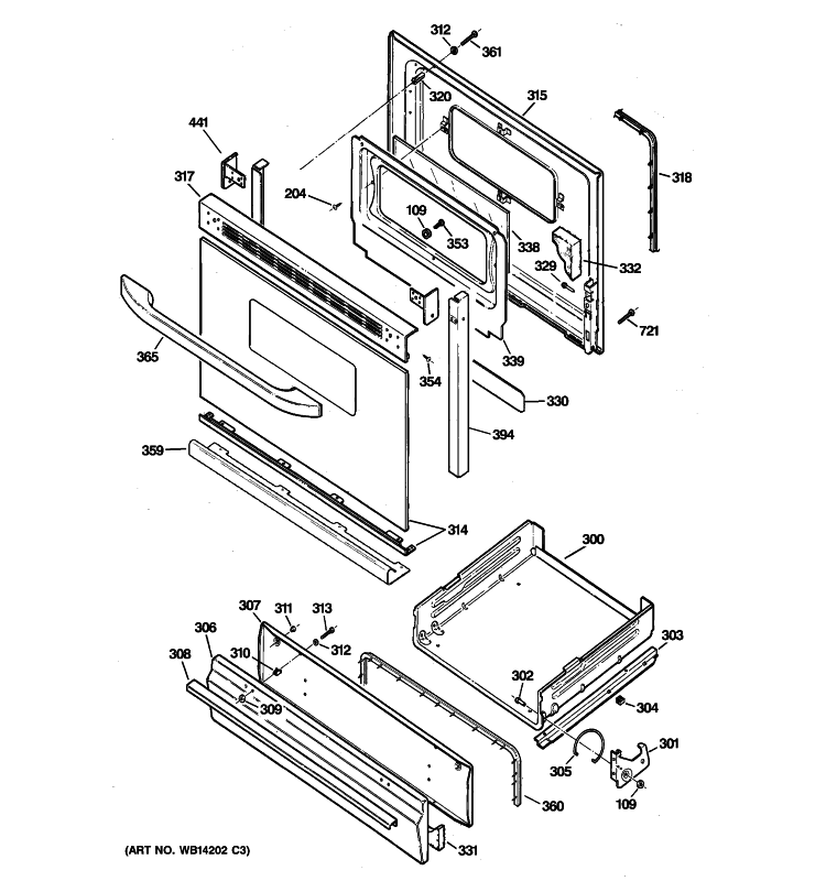 DOOR & DRAWER PARTS Diagram and Parts List for JGBS18GER1SA  General Electric Range