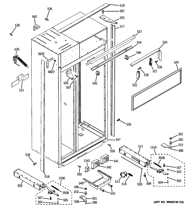 CASE PARTS Diagram and Parts List for ZIS360NXB  General Electric Refrigerator