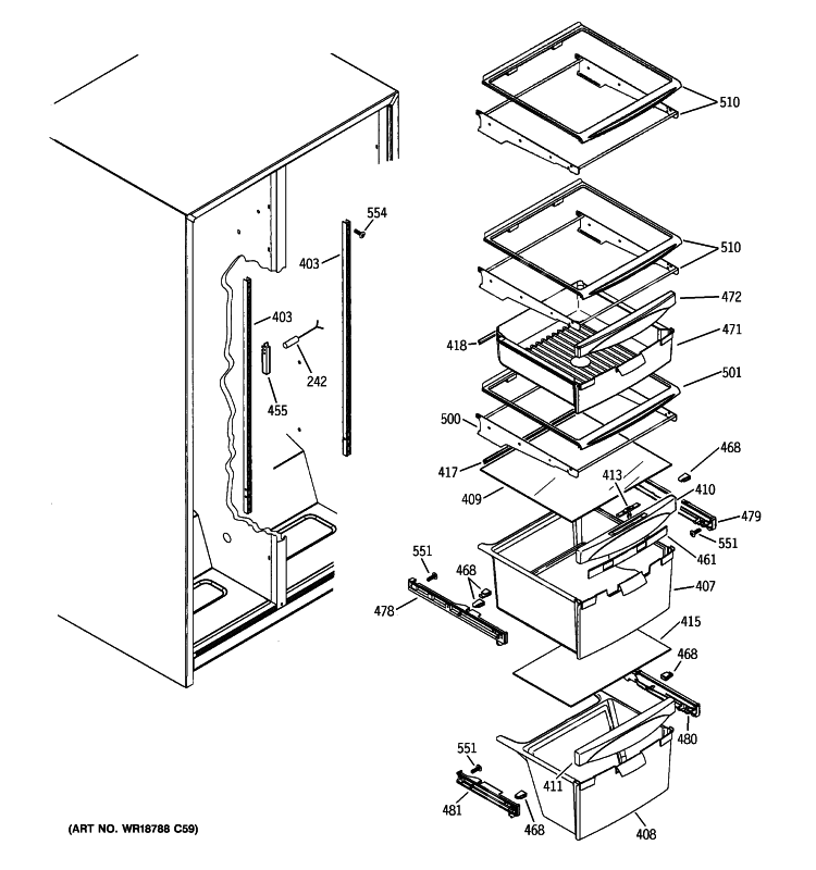 FRESH FOOD SHELVES Diagram and Parts List for ESL22JFXKLB  General Electric Refrigerator