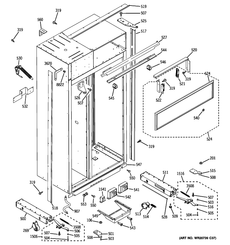 CASE PARTS Diagram and Parts List for ZISS360DXASS  General Electric Refrigerator