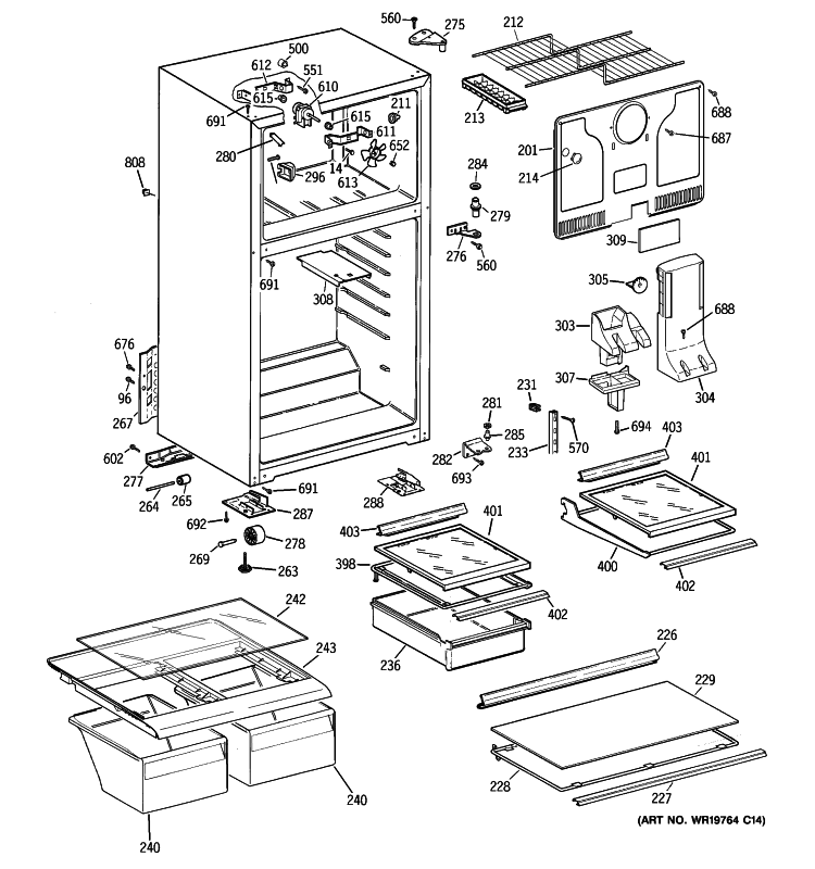 CABINET Diagram and Parts List for GTT18HBT2RWW  General Electric Refrigerator