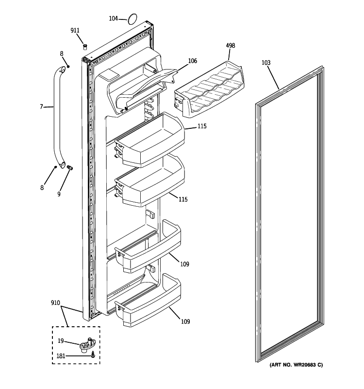 FRESH FOOD DOOR Diagram and Parts List for ESH25JSXJSS  General Electric Refrigerator