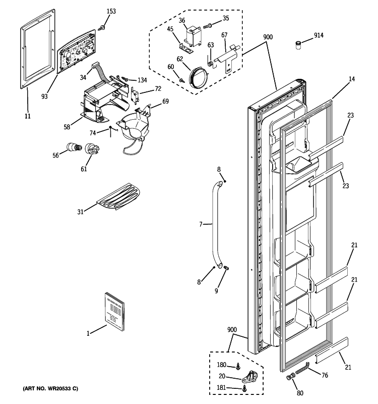FREEZER DOOR Diagram and Parts List for GSH25JSXLSS  General Electric Refrigerator