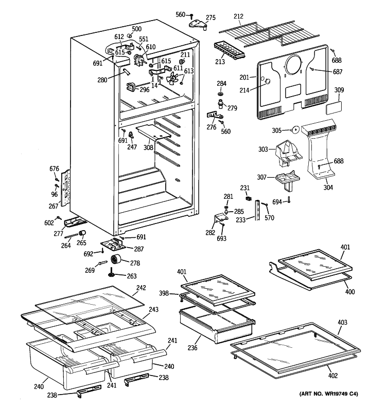 CABINET Diagram and Parts List for GTL17JBWARBS  General Electric Refrigerator