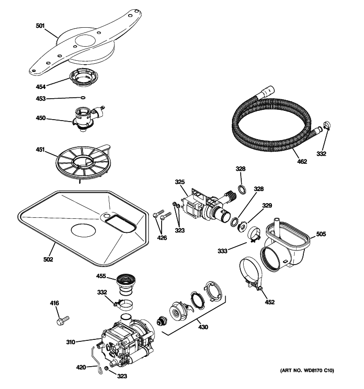 MOTOR-PUMP MECHANISM Diagram and Parts List for GLD4404R10CC  General Electric Dishwasher