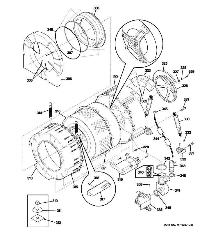 TUB & MOTOR Diagram and Parts List for WCCH404H5WW  General Electric Washer