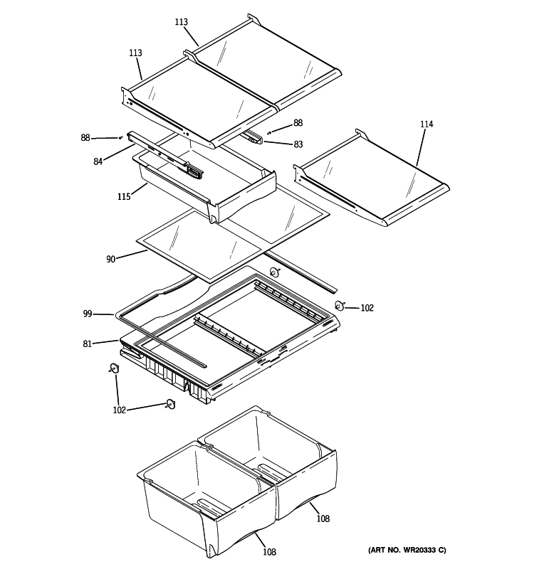 FRESH FOOD SHELVES Diagram and Parts List for GBSL0HCXCRLS  General Electric Refrigerator