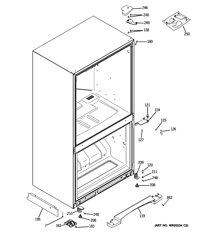 CASE PARTS Diagram and Parts List for GBSL0HCXCRLS  General Electric Refrigerator