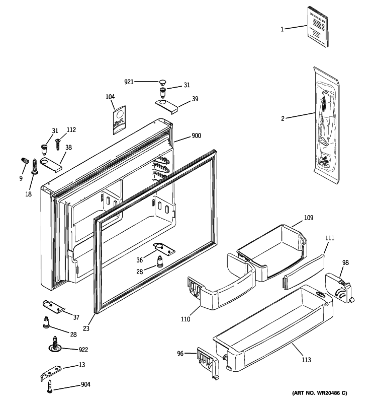 FREEZER DOOR Diagram and Parts List for PTS22LCSCRCC  General Electric Refrigerator