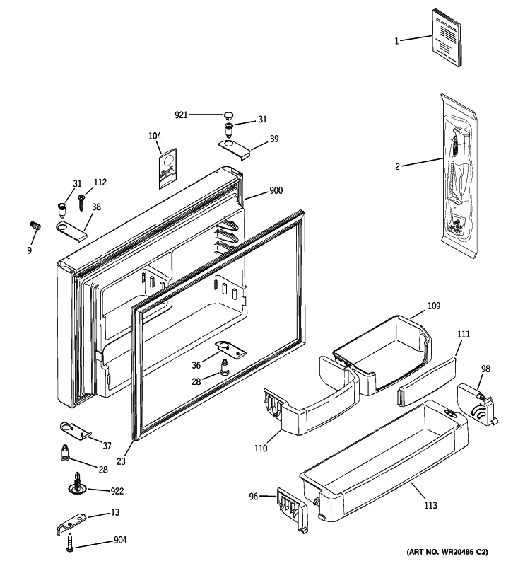 FREEZER DOOR Diagram and Parts List for PTS22LHSCRBB  General Electric Refrigerator