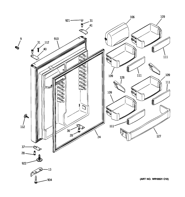 FRESH FOOD DOOR Diagram and Parts List for PTS22LHSCRBB  General Electric Refrigerator