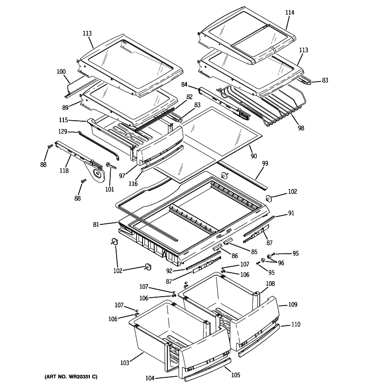 FRESH FOOD SHELVES Diagram and Parts List for PFSF2MIXABB  General Electric Refrigerator