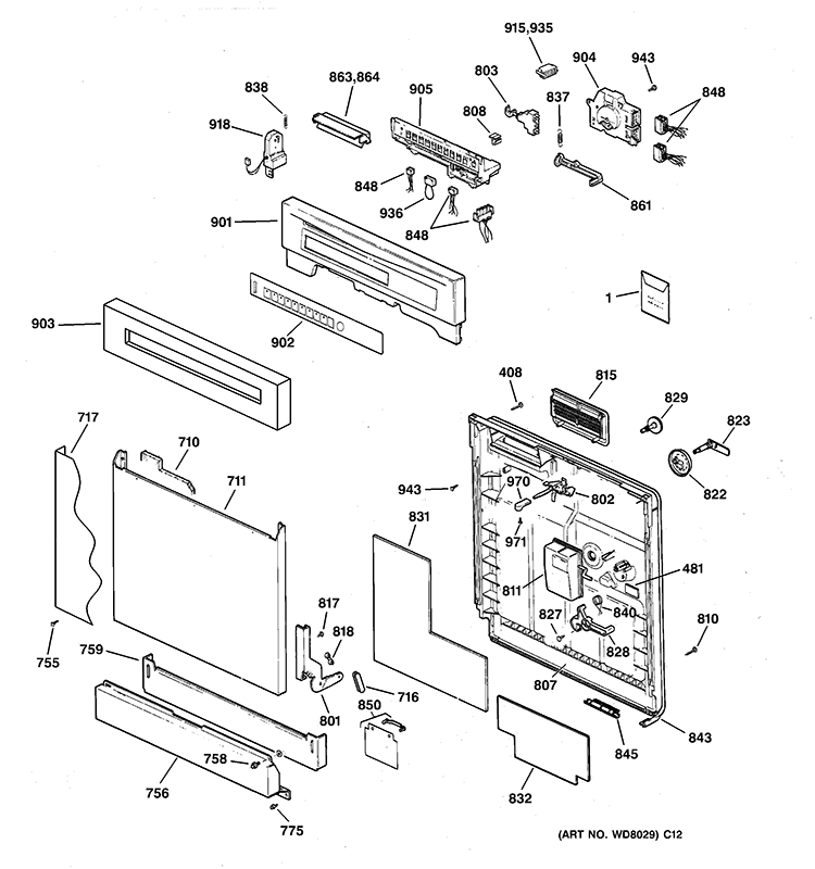 ESCUTCHEON & DOOR ASSEMBLY Diagram and Parts List for GSD4940C00SS  General Electric Dishwasher