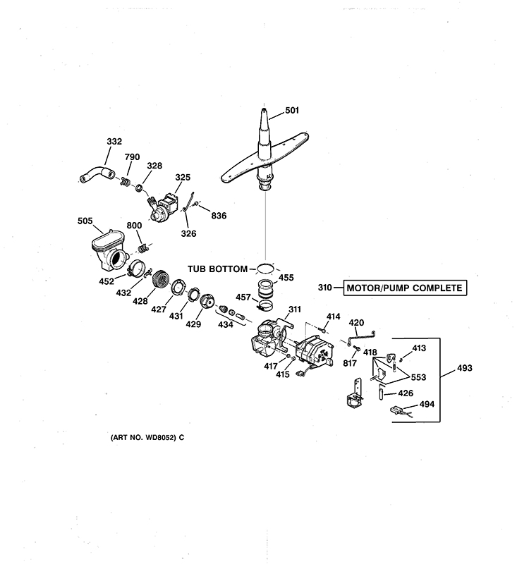 MOTOR-PUMP MECHANISM Diagram and Parts List for GSD4940C00SS  General Electric Dishwasher