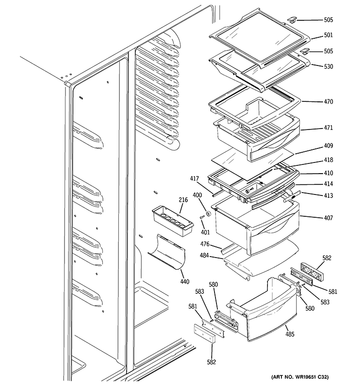 FRESH FOOD SHELVES Diagram and Parts List for PHE25MGTAFWW  General Electric Refrigerator