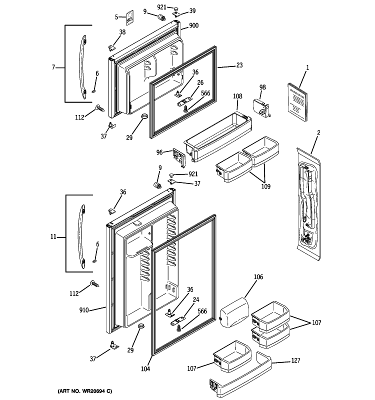 DOORS Diagram and Parts List for PTS18SHSYRSS  General Electric Refrigerator