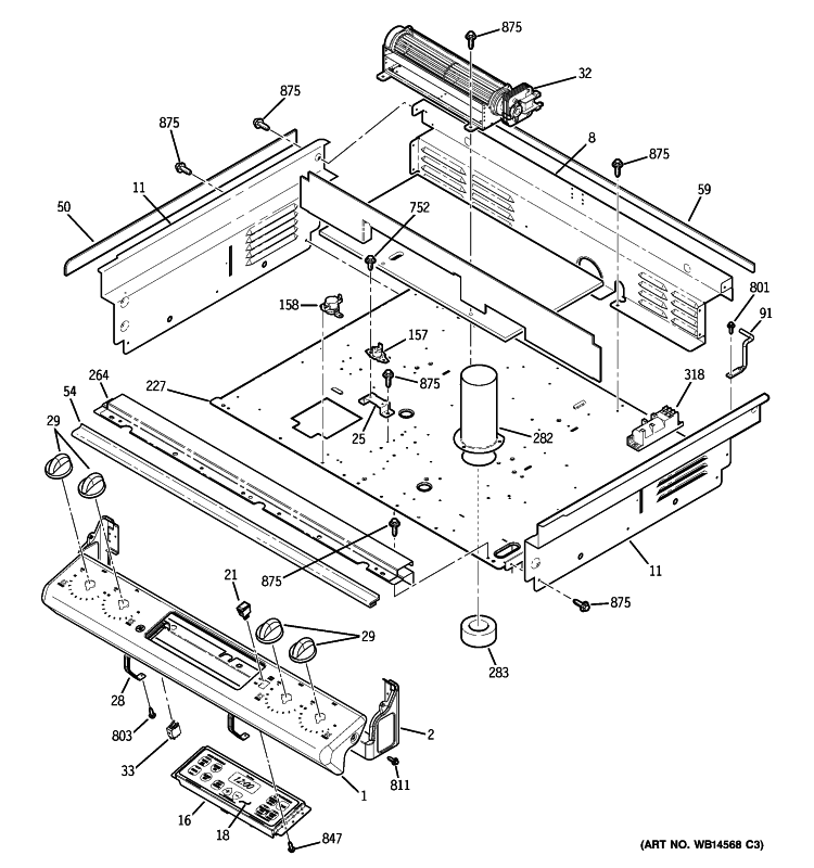 CONTROL PANEL & COOLING FAN Diagram and Parts List for JGSP28DEN3CC  General Electric Range