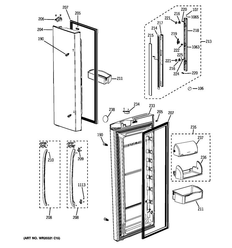 FRESH FOOD DOORS Diagram and Parts List for GFSF6KEXDBB  General Electric Refrigerator