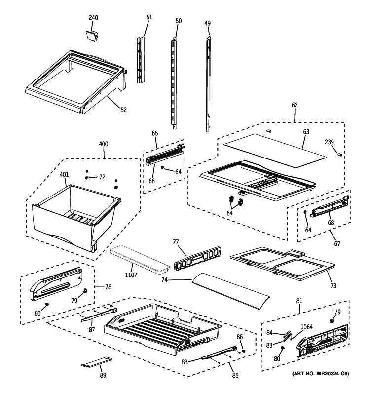 FRESH FOOD SHELVES Diagram and Parts List for GFSF6KEXDBB  General Electric Refrigerator