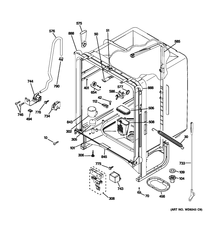 BODY PARTS Diagram and Parts List for GLD2800T10WW  General Electric Dishwasher