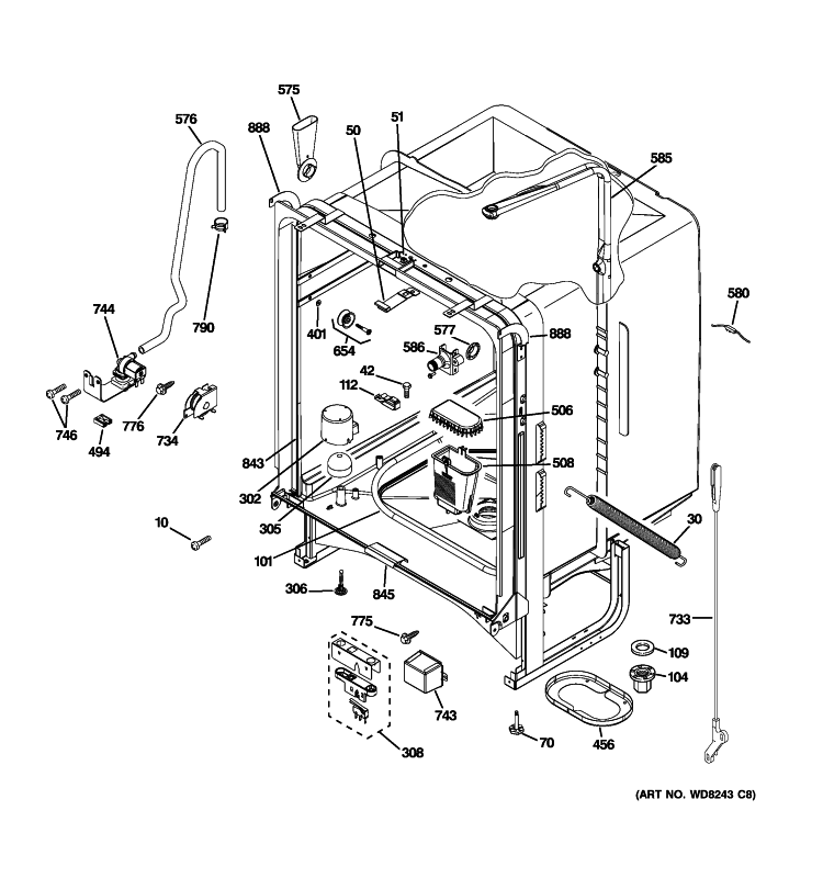 BODY PARTS Diagram and Parts List for GLD3846T10SA  General Electric Dishwasher