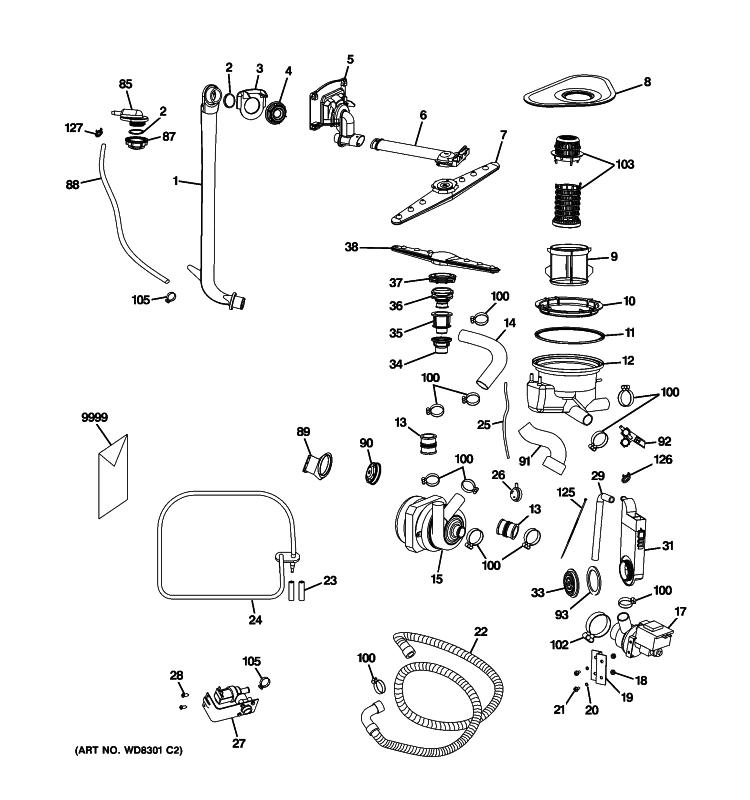 MOTOR-PUMP MECHANISM Diagram and Parts List for GLDA690P01BB  General Electric Dishwasher