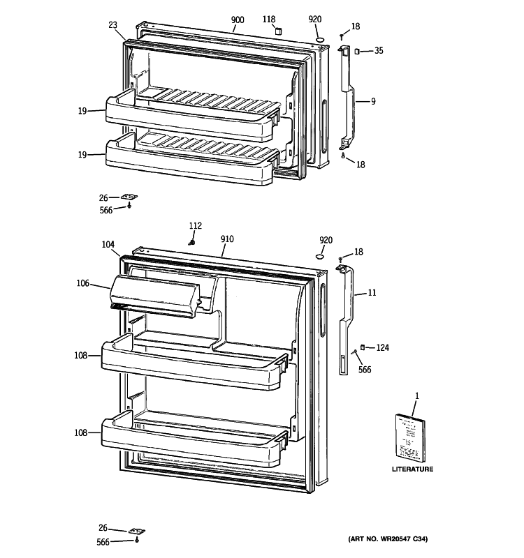 DOORS Diagram and Parts List for GTE16BBZBRWW  General Electric Refrigerator