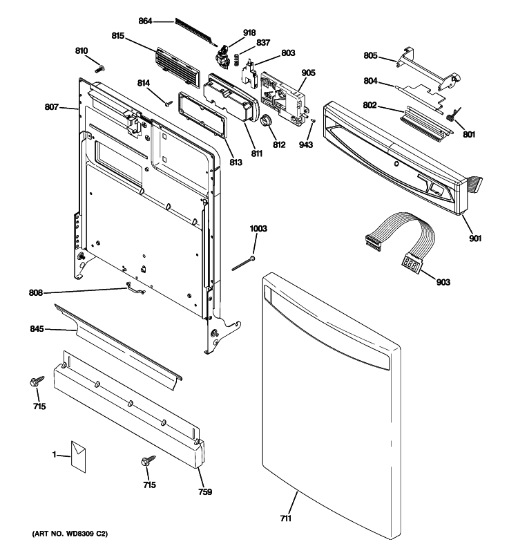 ESCUTCHEON & DOOR ASSEMBLY Diagram and Parts List for PDW7800R10CC  General Electric Dishwasher