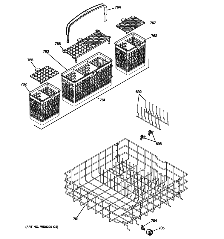 LOWER RACK ASSEMBLY Diagram and Parts List for PDW7800R10CC  General Electric Dishwasher