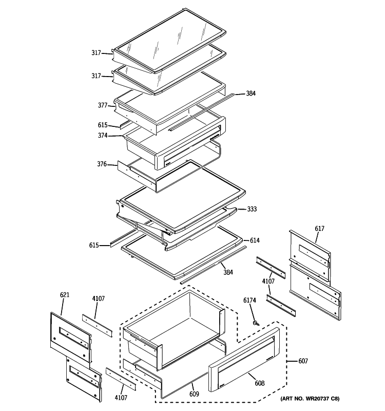 FRESH FOOD SHELVES Diagram and Parts List for ZISS420DXBSS  General Electric Refrigerator