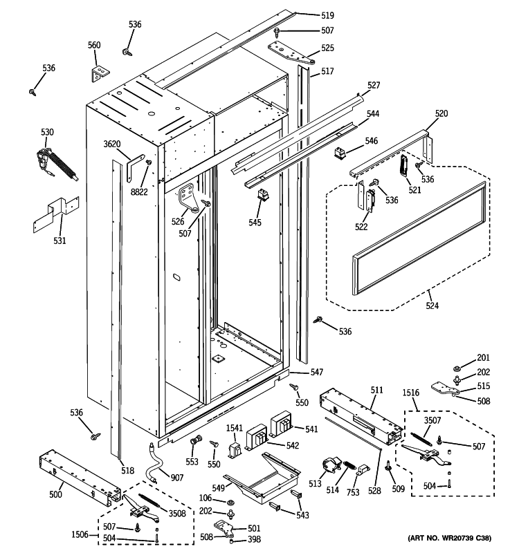 CASE PARTS Diagram and Parts List for ZISB420DXA  General Electric Refrigerator