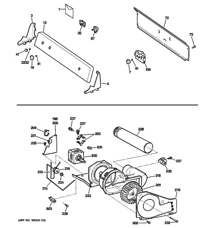 BACKSPLASH, BLOWER & MOTOR ASSEMBLY Diagram and Parts List for GHDX100GM0WW  General Electric Dryer