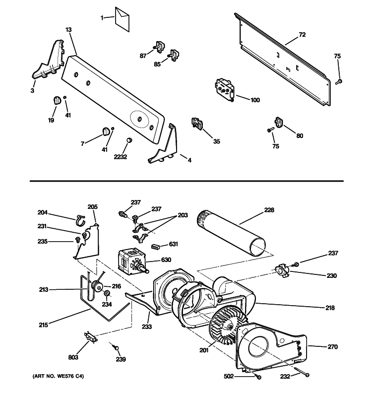 BACKSPLASH, BLOWER & MOTOR ASSEMBLY Diagram and Parts List for GTDP300EM0WS  General Electric Dryer