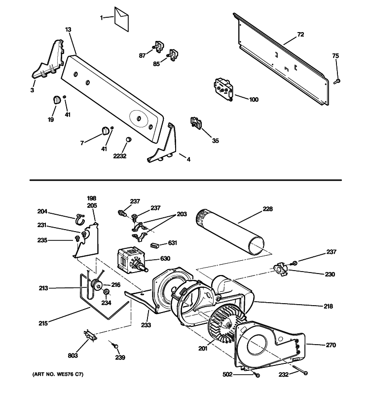 BACKSPLASH, BLOWER & MOTOR ASSEMBLY Diagram and Parts List for GTDP300GM0WS  General Electric Dryer