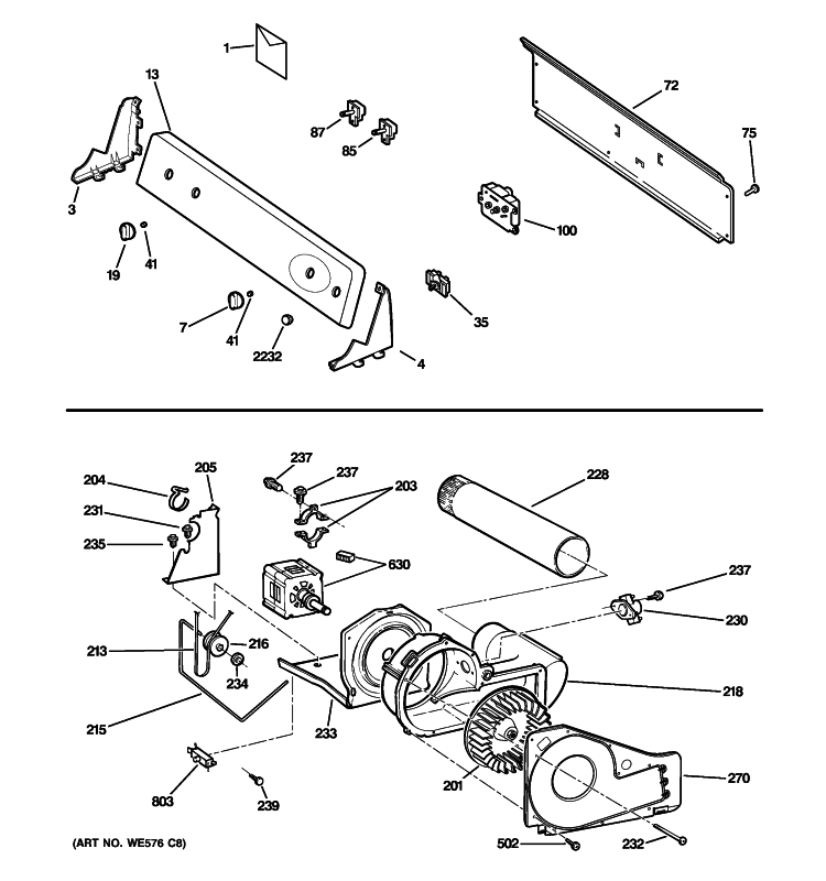 BACKSPLASH, BLOWER & MOTOR ASSEMBLY Diagram and Parts List for GTDP301GL0WS  General Electric Dryer