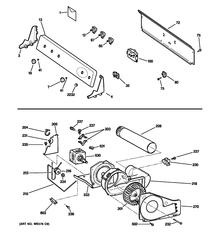 BACKSPLASH, BLOWER & MOTOR ASSEMBLY Diagram and Parts List for GTDP350EM0WS  General Electric Dryer