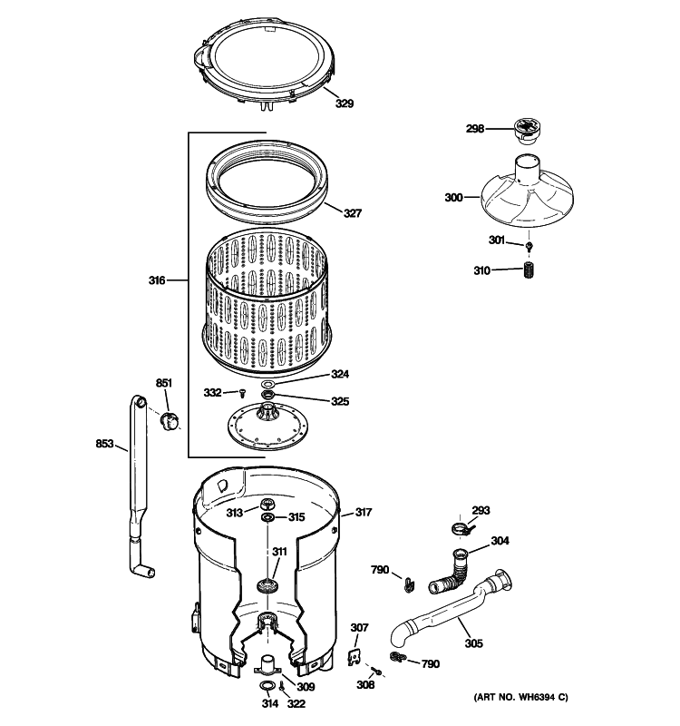 TUB, BASKET & AGITATOR Diagram and Parts List for GCWN5050M0WS  General Electric Washer
