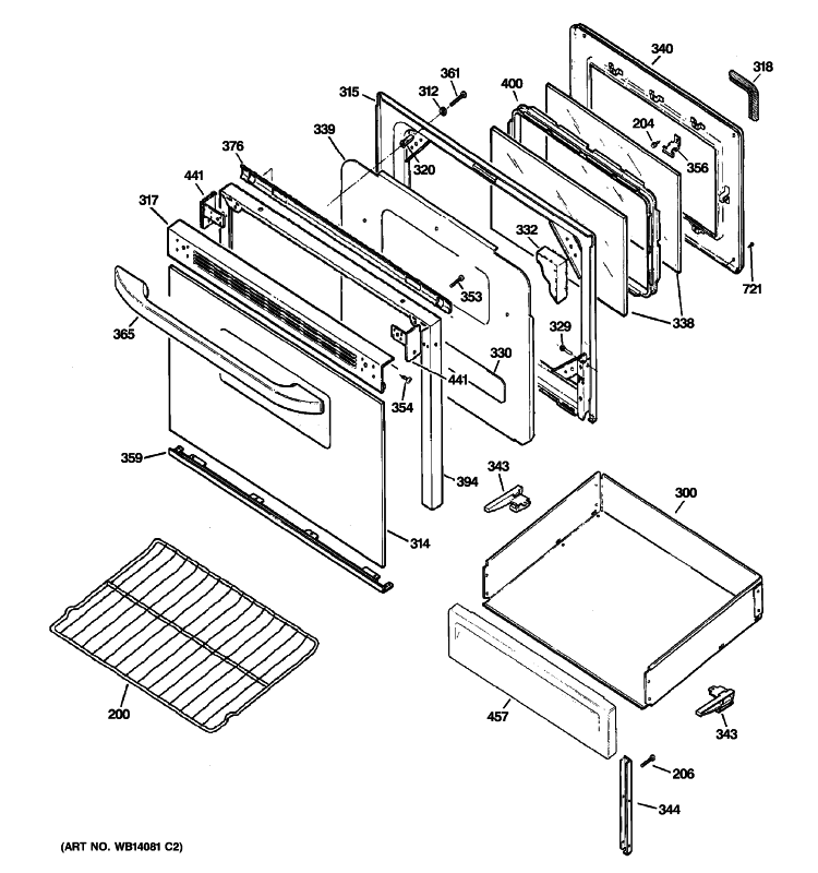 DOOR & DRAWER PARTS Diagram and Parts List for JBP15DM2BB  General Electric Range