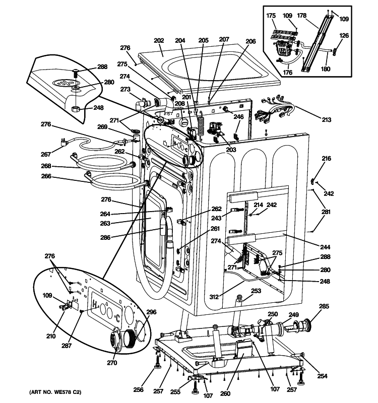 CABINET & TOP PANEL Diagram and Parts List for GFWS3500L0WW  General Electric Washer