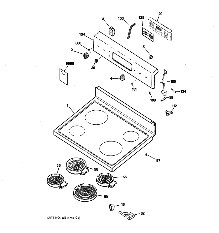CONTROL PANEL & COOKTOP Diagram and Parts List for RB792SR1SA  Hotpoint Range