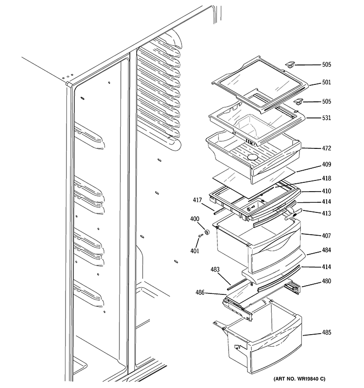 FRESH FOOD SHELVES Diagram and Parts List for GSS25QGTACC  General Electric Refrigerator
