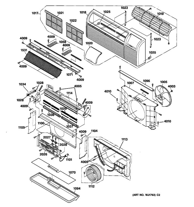 GRILLE & AIR MOVING PARTS Diagram and Parts List for AZ32H12E2DM2  General Electric Air Conditioner
