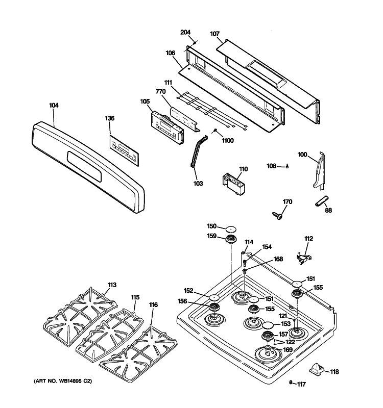 CONTROL PANEL & COOKTOP Diagram and Parts List for JGB400SEP1SS  General Electric Range