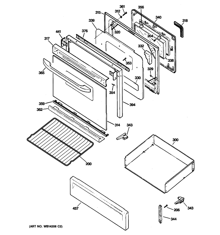 DOOR & DRAWER PARTS Diagram and Parts List for JGBP25DEM9BB  General Electric Range