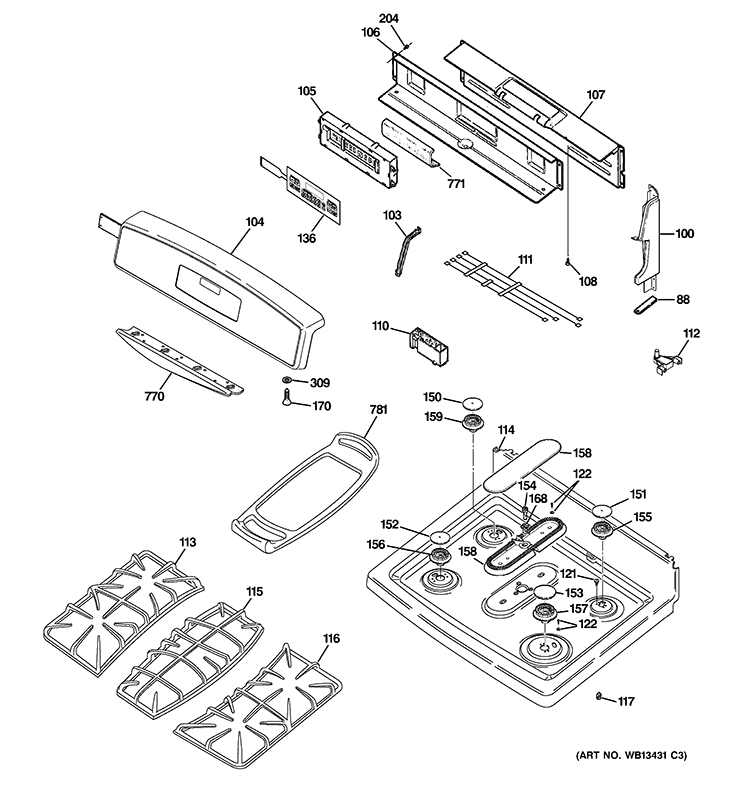 CONTROL PANEL & COOKTOP Diagram and Parts List for JGB908SEL1SS  General Electric Range