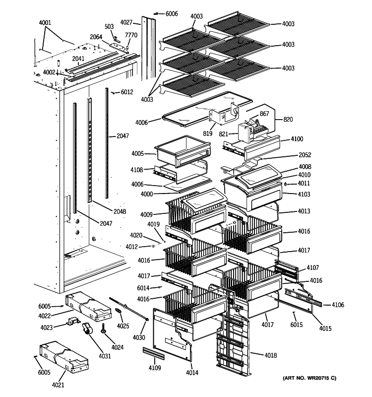SHELVES & DRAWERS Diagram and Parts List for ZIFS360NXALH  General Electric Freezer