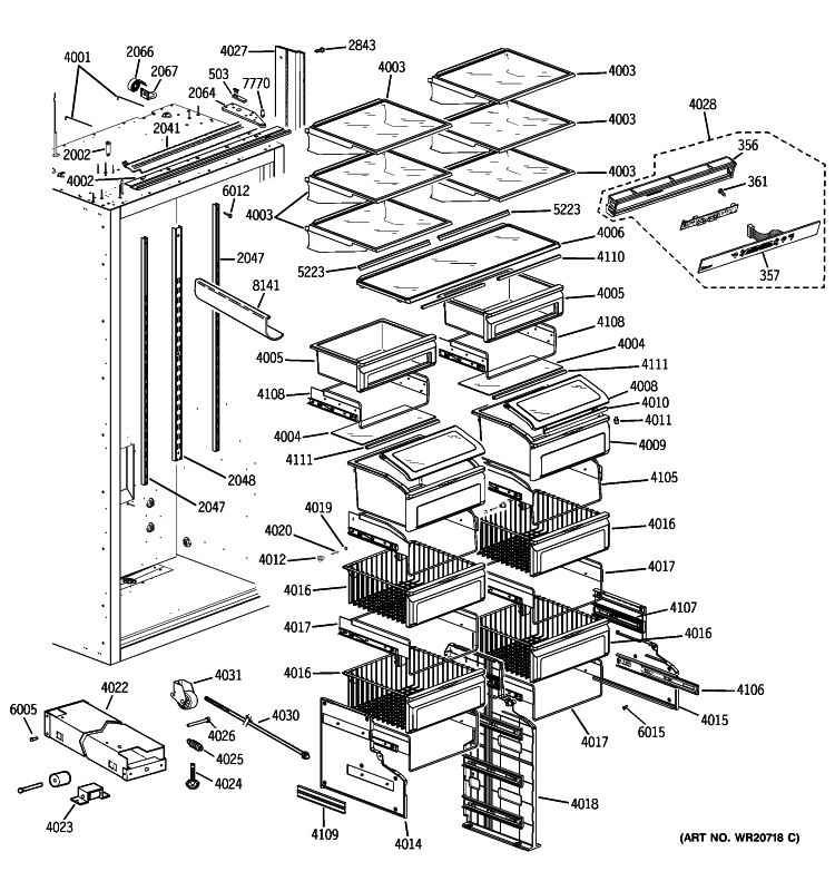 SHELVES & DRAWERS Diagram and Parts List for ZIR360NXARH  General Electric Refrigerator