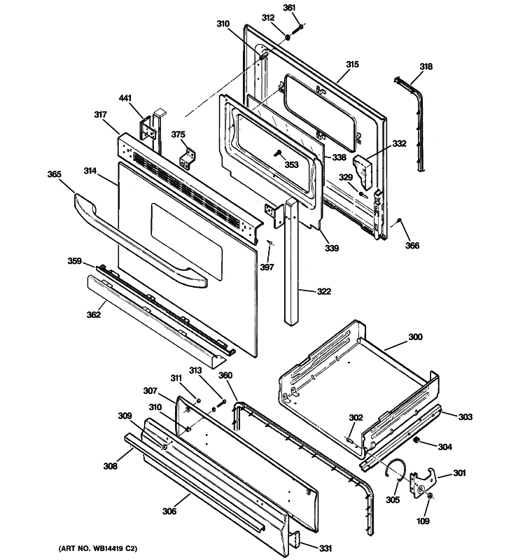 DOOR & DRAWER PARTS Diagram and Parts List for RGB530DEP2BB  Hotpoint Range