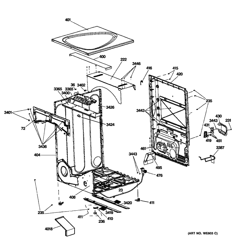 CABINET & TOP PANEL Diagram and Parts List for PFDS455EL0MG  General Electric Dryer